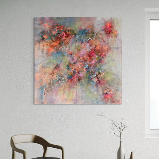 Abstract floral canvas wall art in a vibrant mix of pink, red, orange, blue, and purple tones, displayed on a textured white wall above a modern chair and vase.