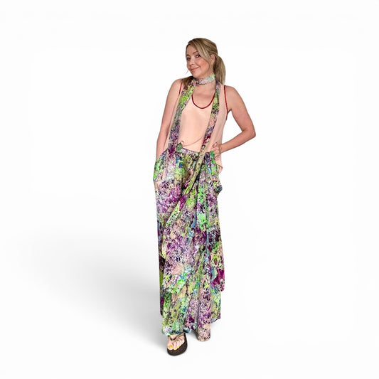 Woman wearing a floral dress with a white background