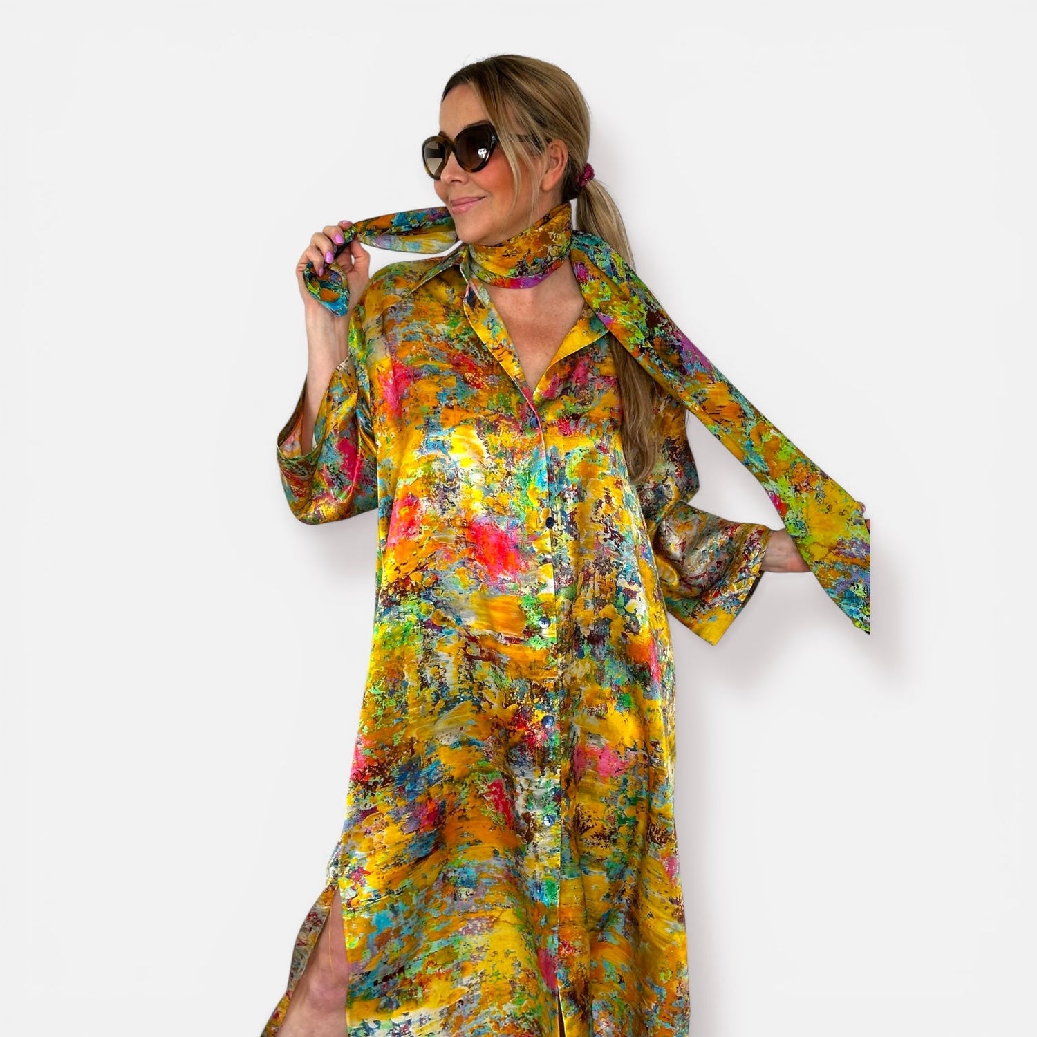 woman wears silk satin dress-shirt from Red Lotus lake capsule by Art Wear by Natalia Brooks