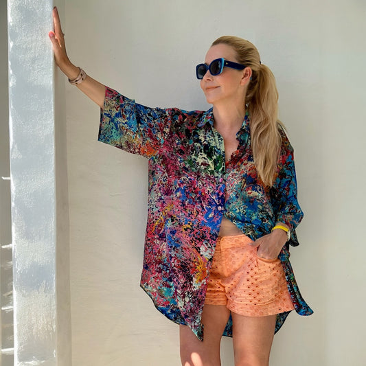 Chemise en soie oversize « Nuages de bleuet »