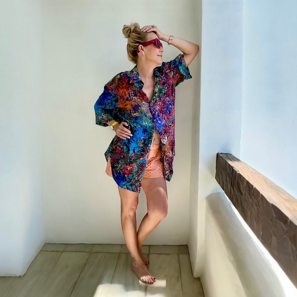 Chemise en soie oversize « Nuages de bleuet »