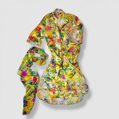 yellow silk kimono shirt with floral print and matching scarf on a white background