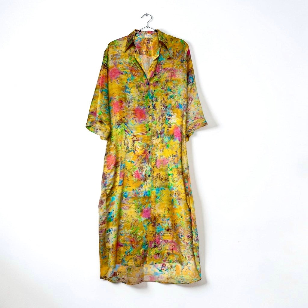 yellow silk dress with abstract floral print 