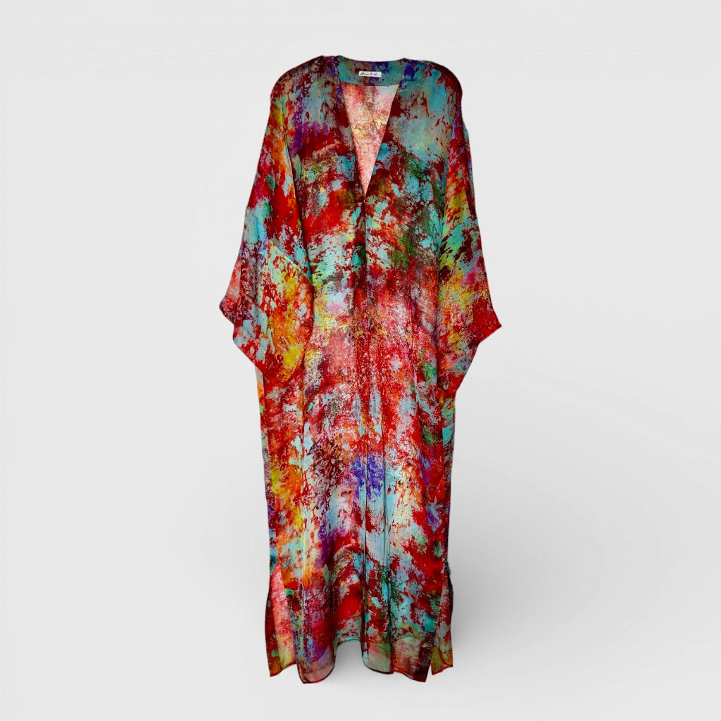 silk kimono with original painting as design the Gloaming on  a white background