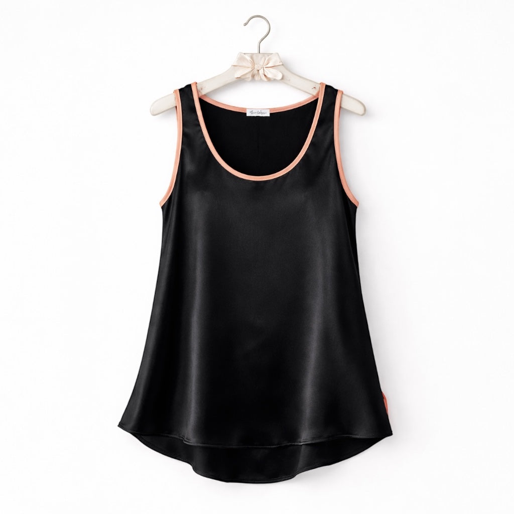 Black satin tank top with pink trim on a white background