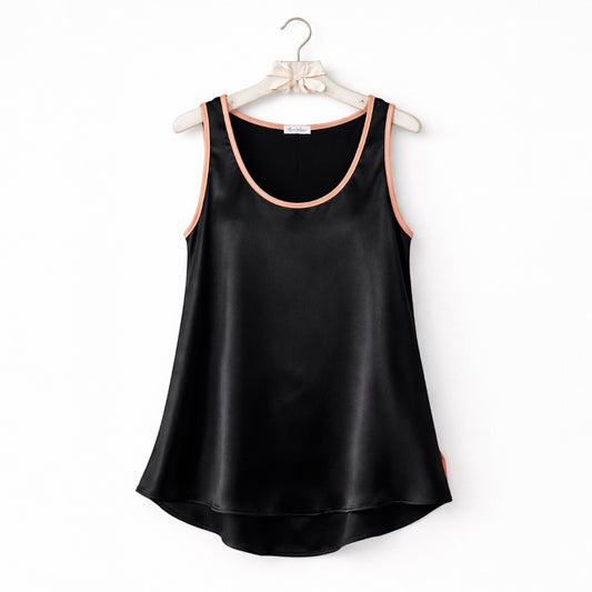 Black satin tank top with pink trim on a white background