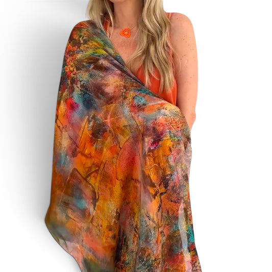 A woman wearing a vibrant abstract print shawl draped over her shoulders, featuring a mix of orange, red, yellow, and blue tones against a plain white background.