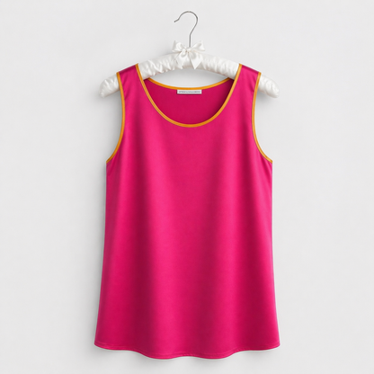 Pink sleeveless top on a hanger against a white background