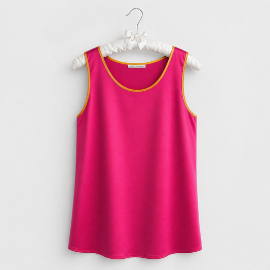 Pink sleeveless top on a hanger against a white background