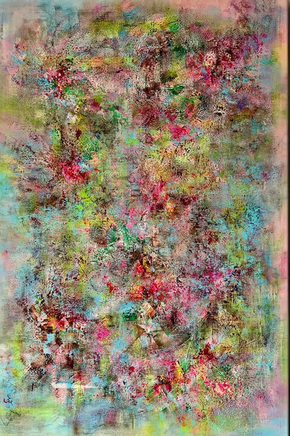 Abstract artwork with a mix of colors and textures