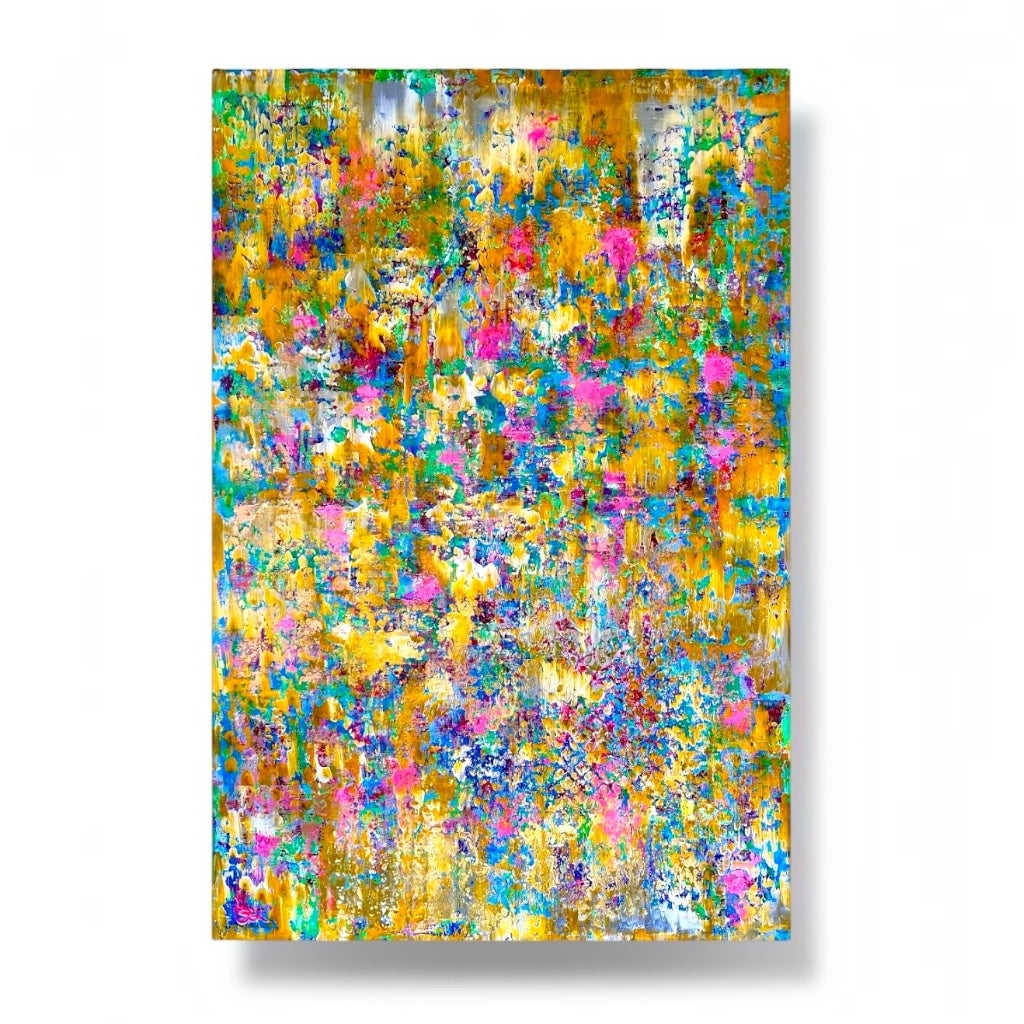 An abstract rectangular canvas print featuring a vibrant, multicolored textured pattern with splashes of yellow, blue, pink, green, and white, displayed against a clean white background with a subtle drop shadow.