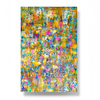An abstract rectangular canvas print featuring a vibrant, multicolored textured pattern with splashes of yellow, blue, pink, green, and white, displayed against a clean white background with a subtle drop shadow.
