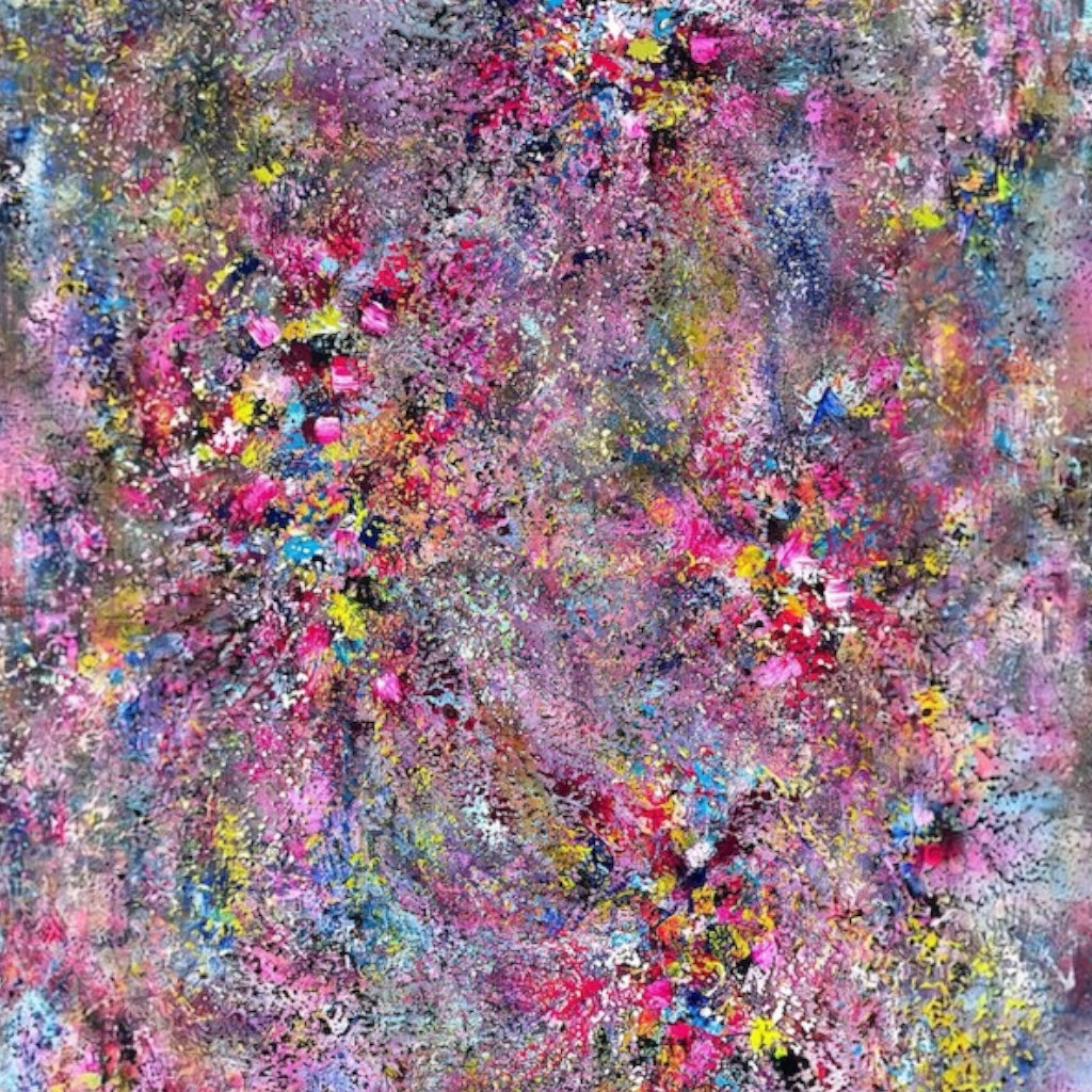 A large abstract painting  filled with layered pink, blue, purple, yellow and turquoise textures resembling a sparkling chandelier.
