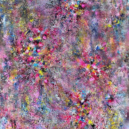 A large abstract painting  filled with layered pink, blue, purple, yellow and turquoise textures resembling a sparkling chandelier.