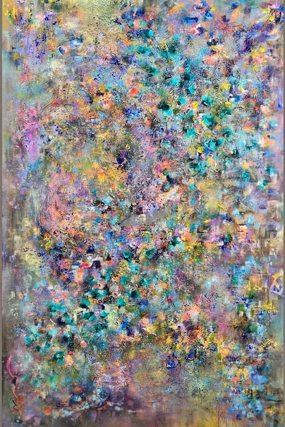 An abstract expressionist painting featuring a dense, textured composition of blue, purple, green, yellow, and pink brushstrokes.