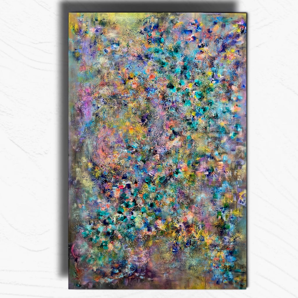 Abstract canvas wall art featuring a dense, textured impasto pattern in a mix of teal, blue, purple, yellow, and green tones, displayed against a light gray marble-textured background.