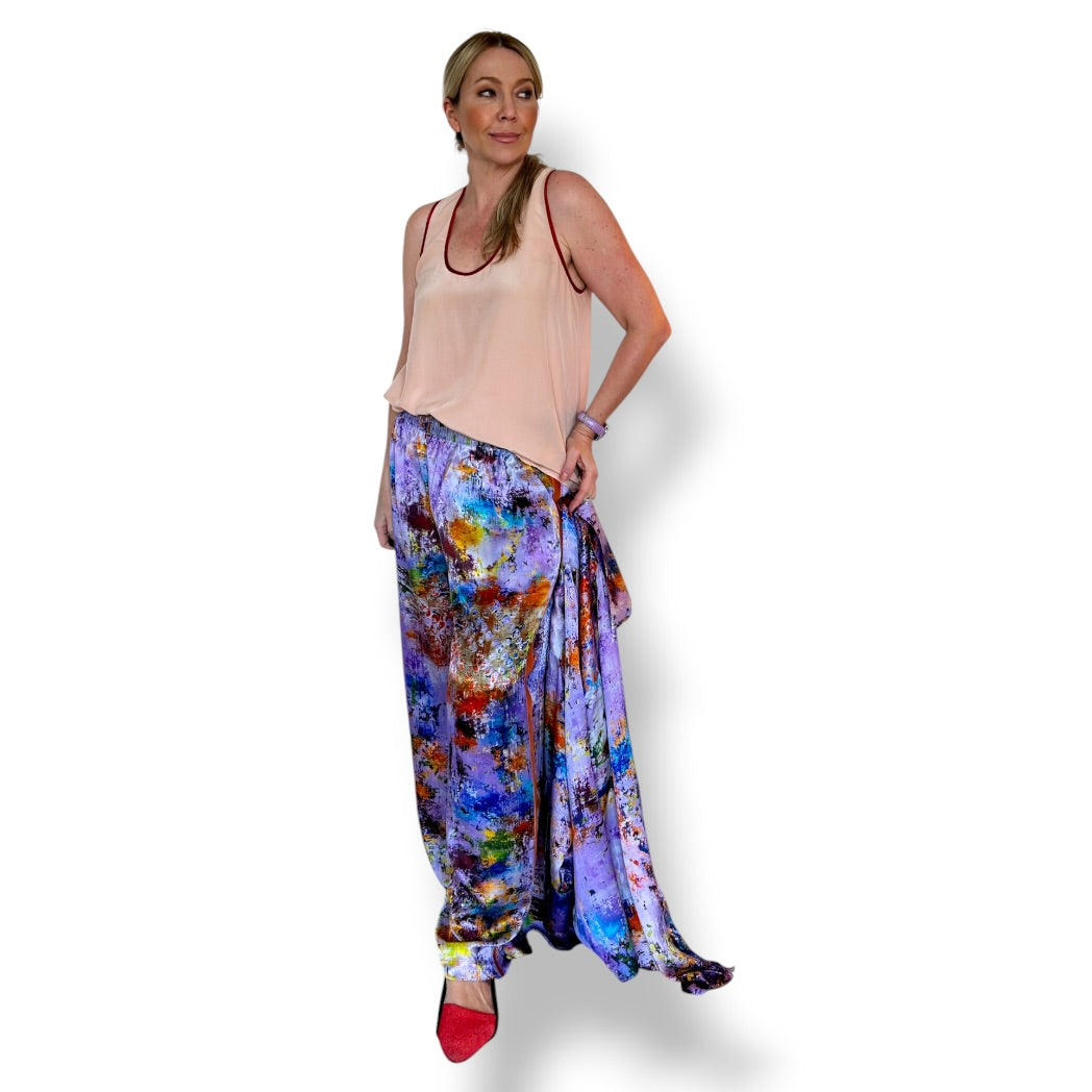 Peach silk tank top with burgundy trim, worn with Lilac Dreamscape silk trousers.