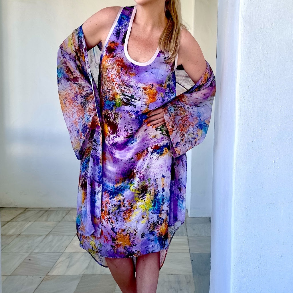 woman wearing silk dress with chiffon cardigan