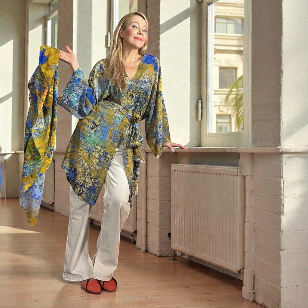 woman wearing Silk kimono with the belt  and silk scarf, all from same capsule