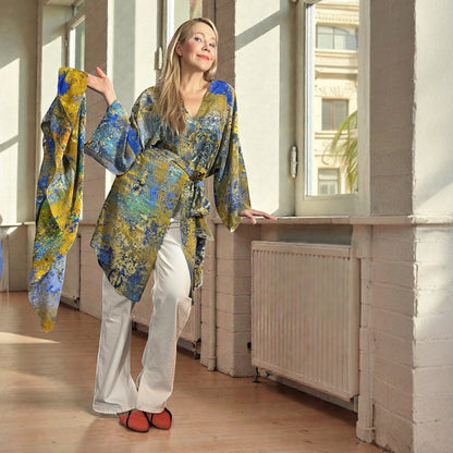 woman wearing Silk kimono with the belt  and silk scarf, all from same capsule