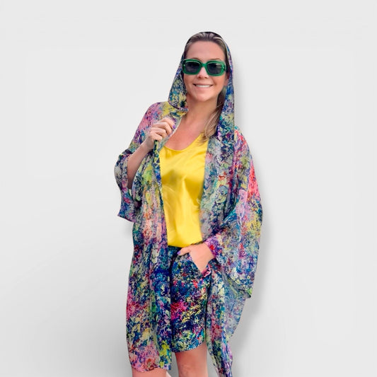 Woman wearing Neptune's Garden silk kimono by Art Wear by Natalia Brooks