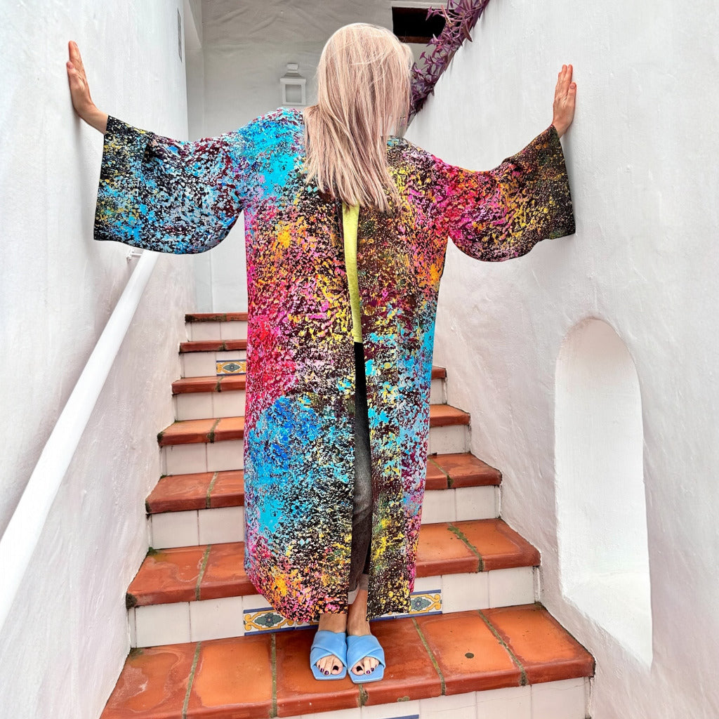 Woman wearing silk kimono Trifid Nebula by Art wear by Natalia Brooks