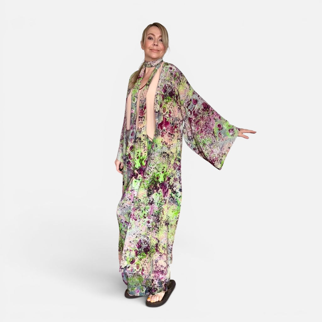 Woman wearing a floral dress on a white background