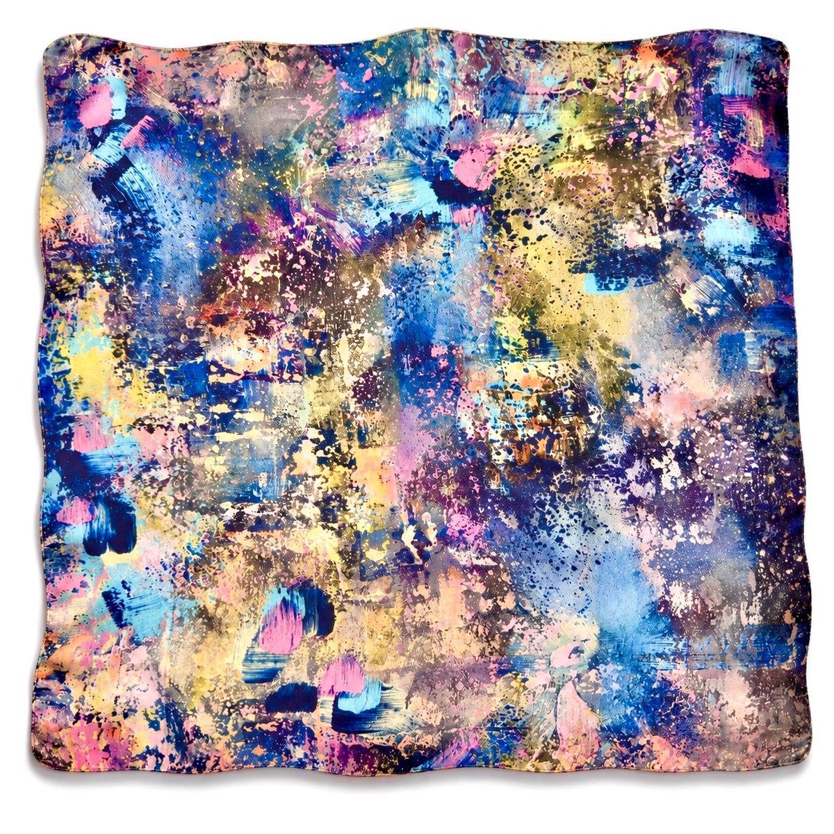 A square silk scarf featuring an abstract, colorful paint-splattered pattern with vibrant shades of blue, pink, yellow, purple, and gold.