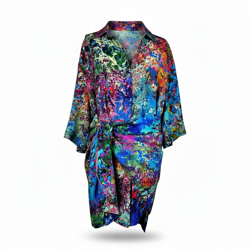 Colorful floral-patterned dress on a white background
