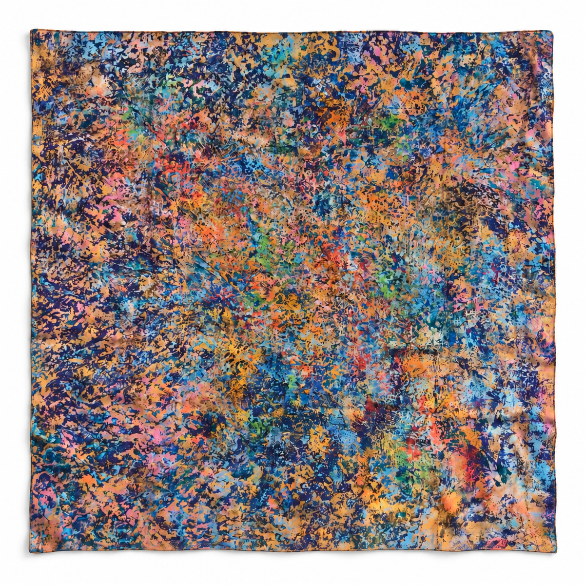 A square scarf featuring an abstract, distressed multicolor pattern with splashes of blue, orange, yellow, pink, and purple on a white background.