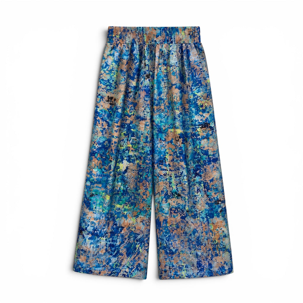 Blue and brown patterned pants on a white background