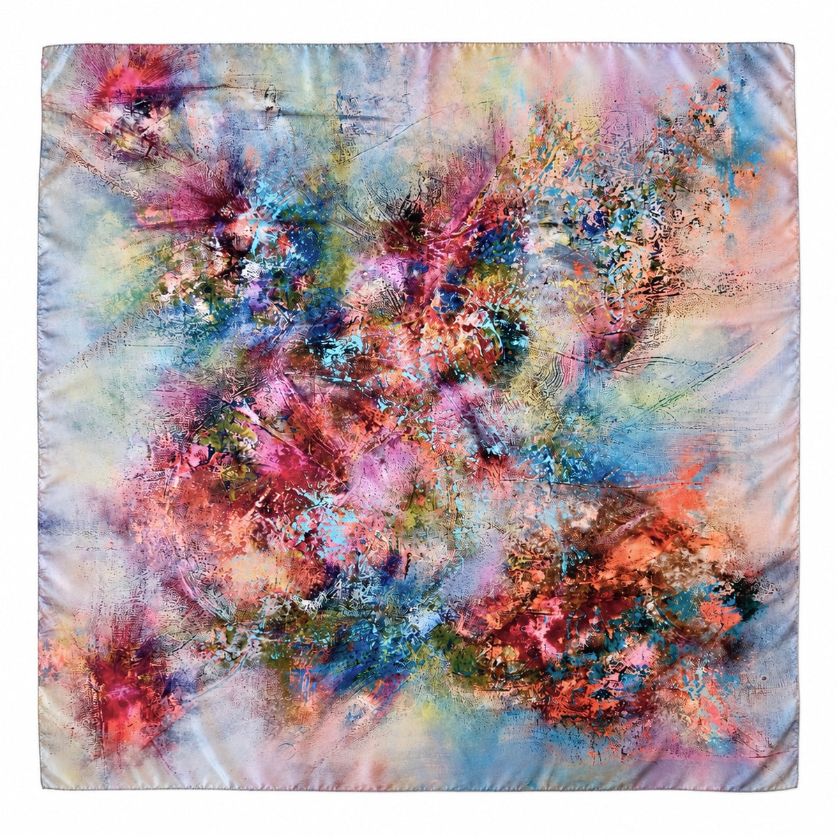 A square silk scarf featuring an abstract, colorful paint-splatter pattern with vibrant shades of pink, blue, orange, and purple on a light background.