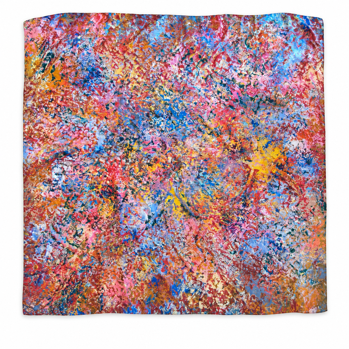 A square scarf featuring an abstract, multicolored paint-splatter pattern with vibrant shades of pink, blue, orange, yellow, and red.